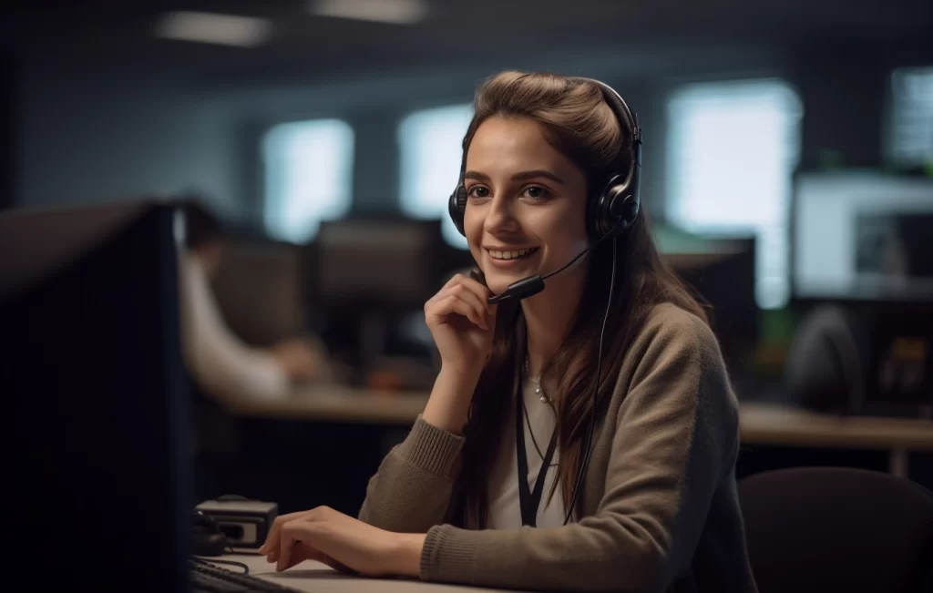 Female call centre agent smiling at work