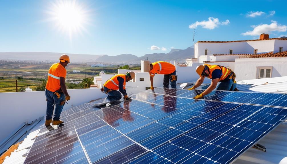 Workers on sunny rooftop.